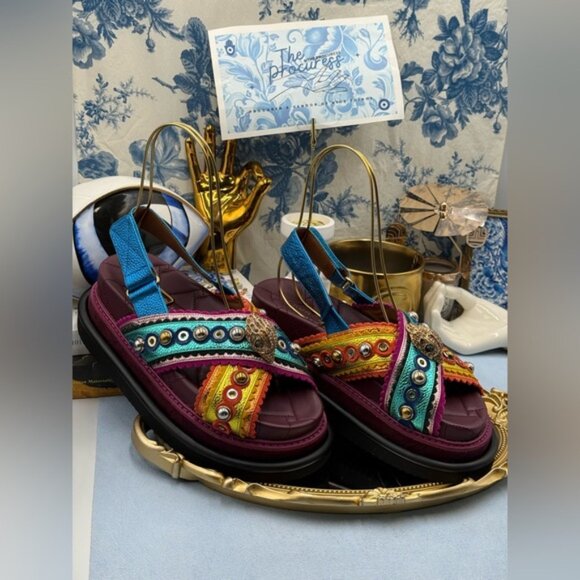 🆕 KURT GEIGER LONDON 🧿 NWOB Orson Cross Scallop Sandal Purple Multi Sz 37 US 7 - Picture 3 of 14